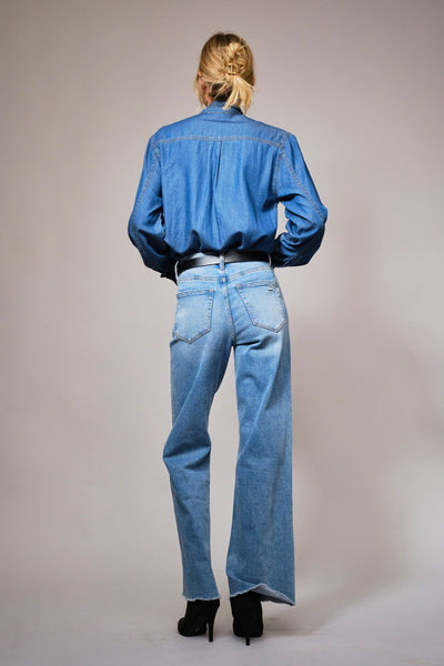 Jill Tie Neck Hidden Button Chambray Blouse