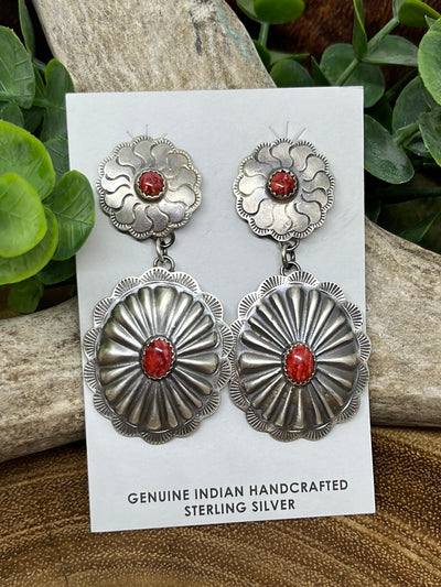 Cavalry Sterling Double Concho Post Earrings - Red Spiny