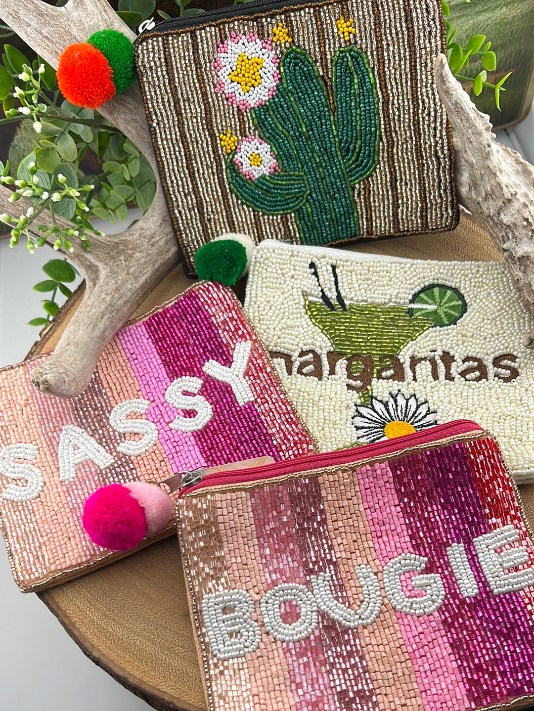 Beaded Pouch With Pom Pom