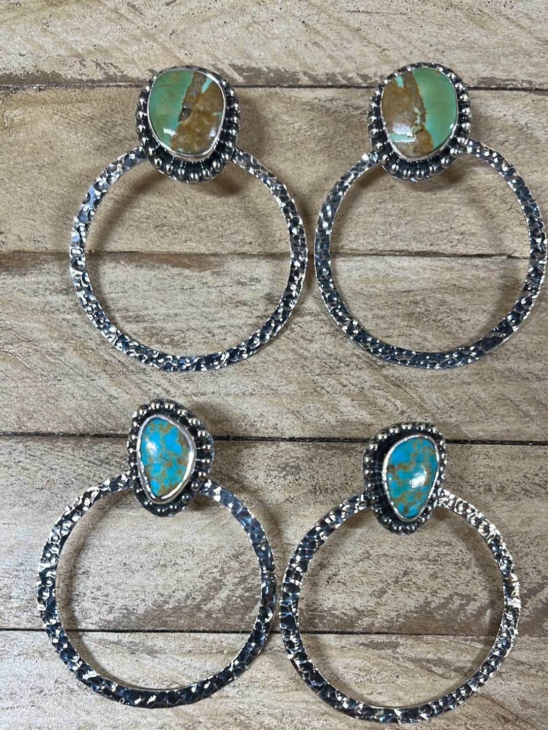 Hammered Silver Turquoise Hoop Earrings