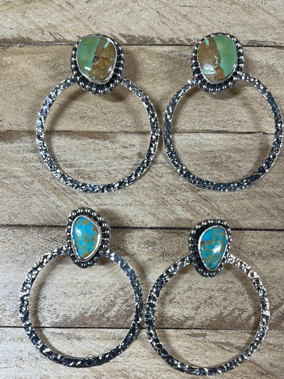 Hammered Silver Turquoise Hoop Earrings