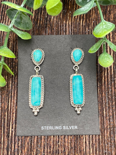 Cristle Sterling Roped Double Stone Earrings With Lower Bead Detail - Turquoise