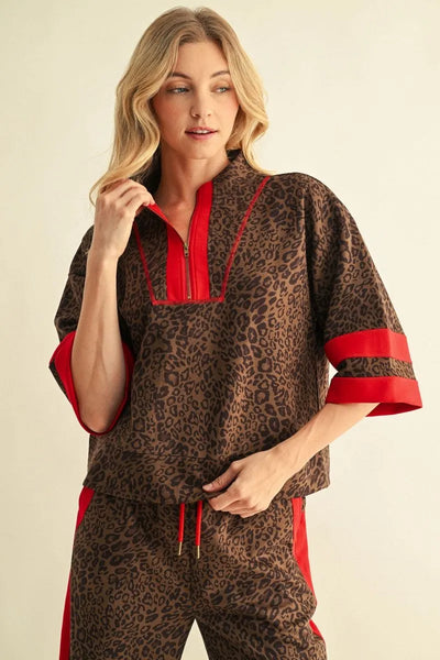 Abrava Half Sleeve Leopard Zip Pullover