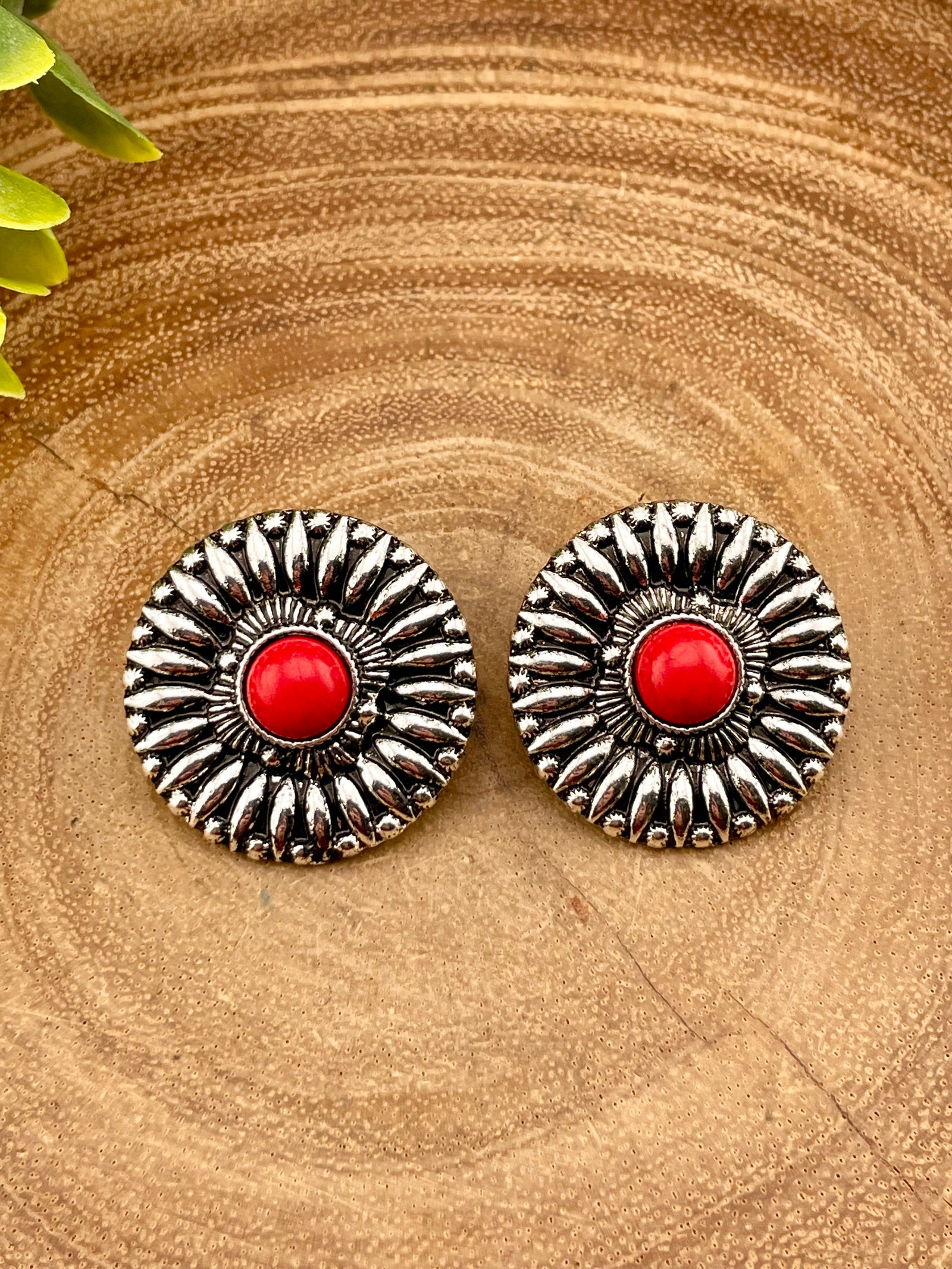 Audrey Fashion Medallion Earring With Round Stone Center - Red