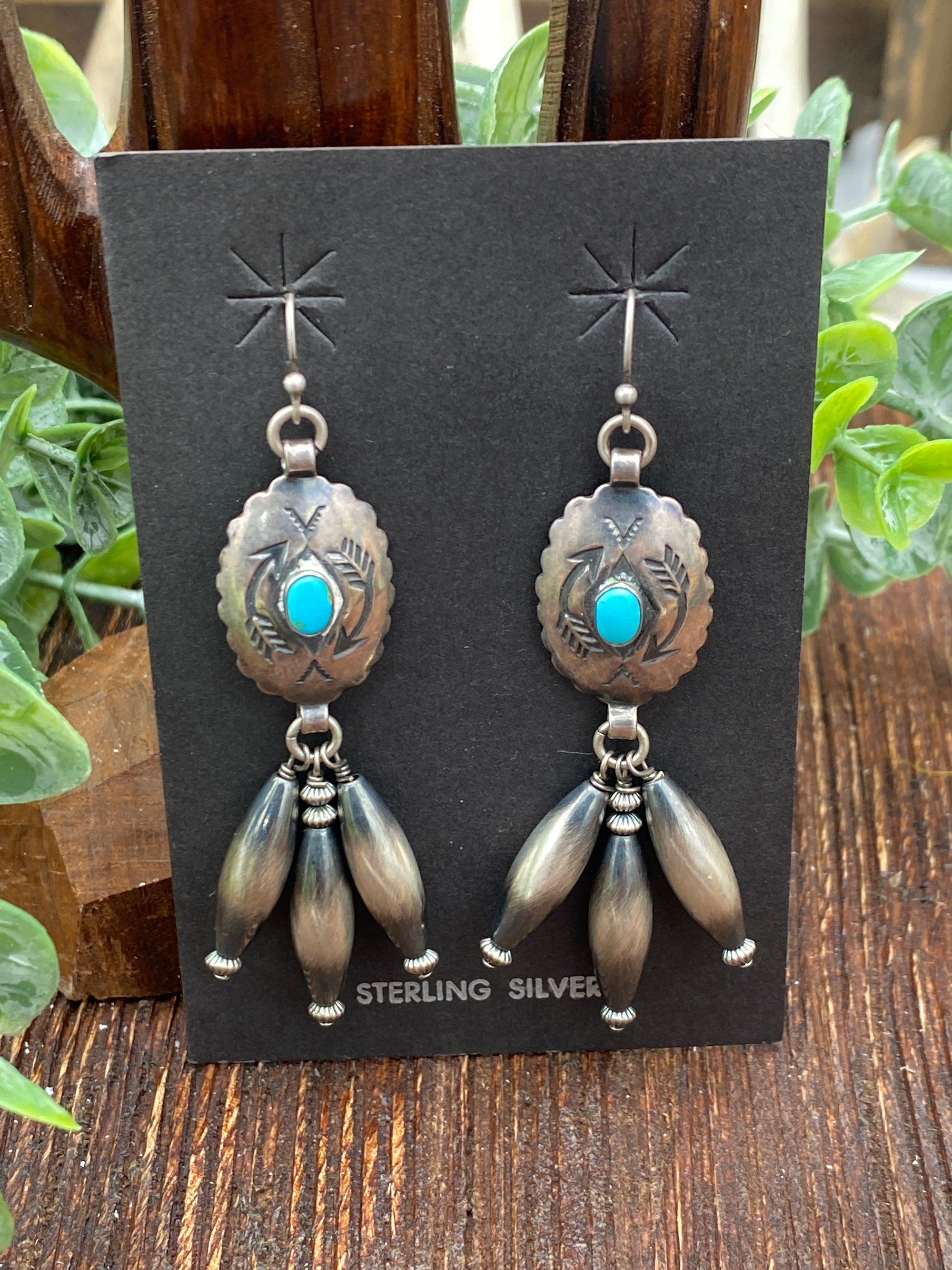 Patron Concho Triple Torpedo Bead Fish Hook Earrings - Turquoise