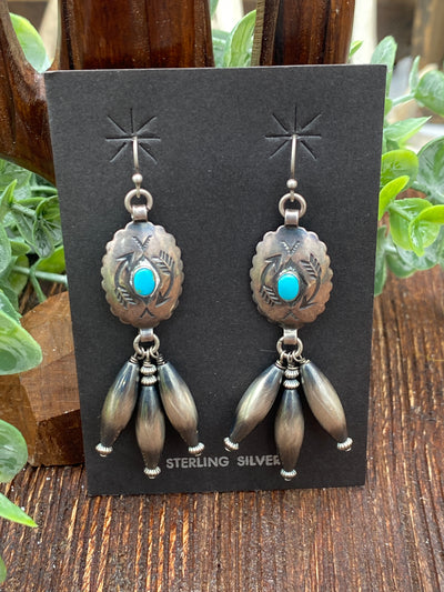 Patron Concho Triple Torpedo Bead Fish Hook Earrings - Turquoise