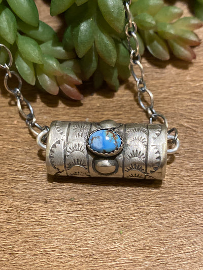 Baroch Sterling Necklace With Stamped Cylinder Bead & Stone - 18"
