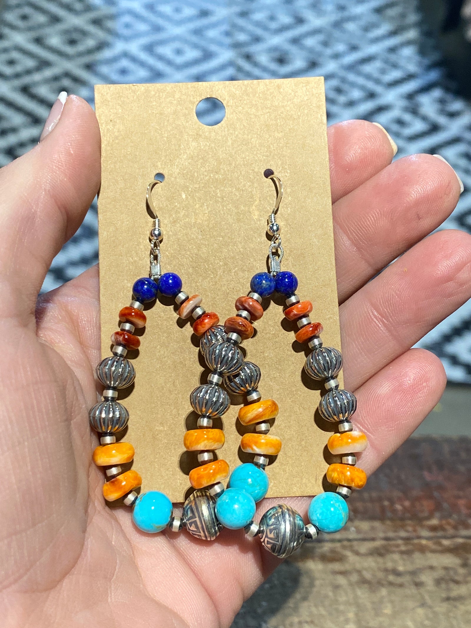 Preston Sterling Navajo & Stamped Bead Teardrop Earrings - Multi