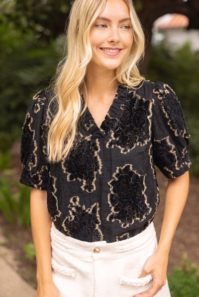 Black Textured Ruffle V Neck Blouse