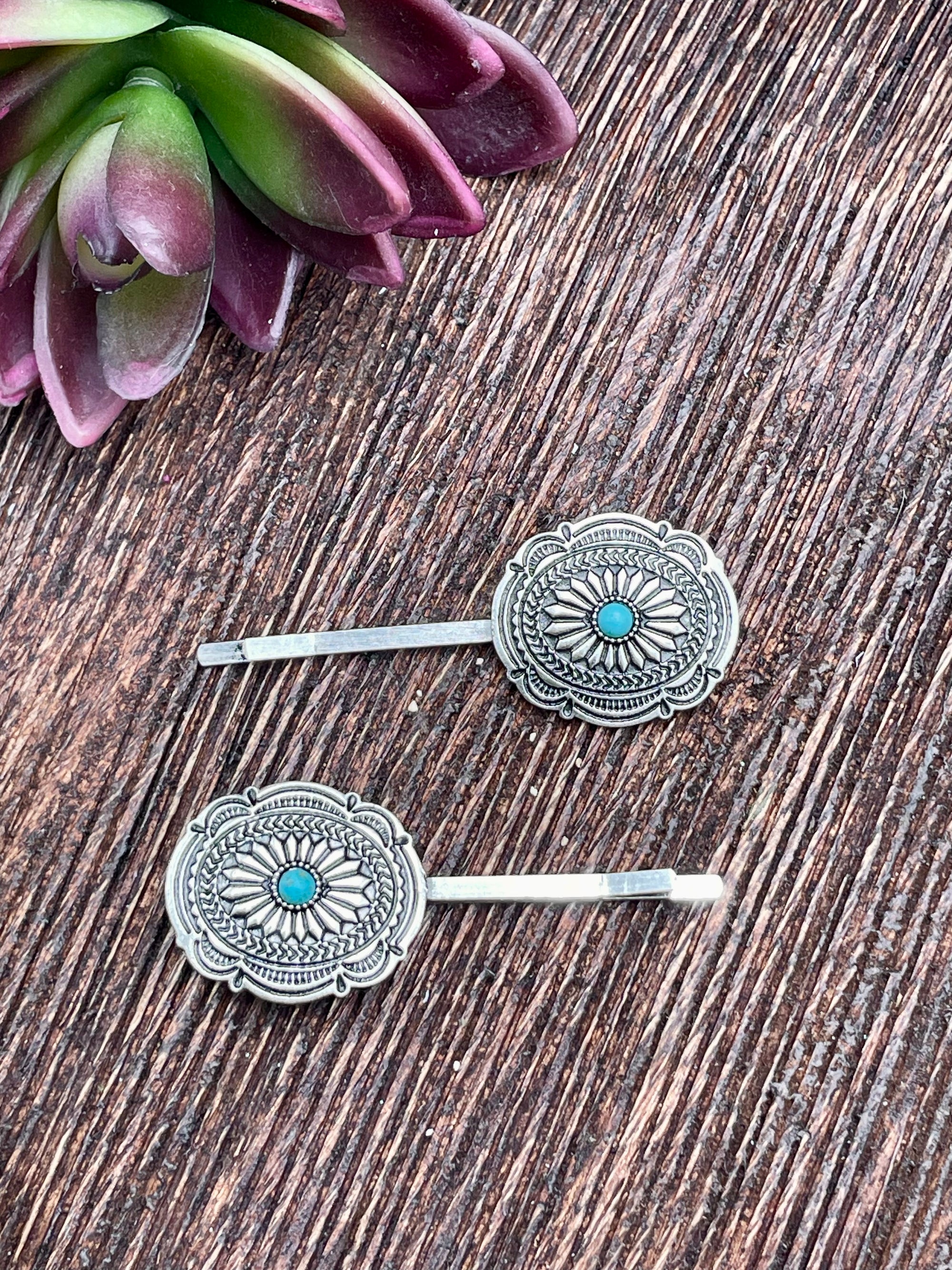 Owen Fashion Silver Concho Hair Pin Set - Turquoise