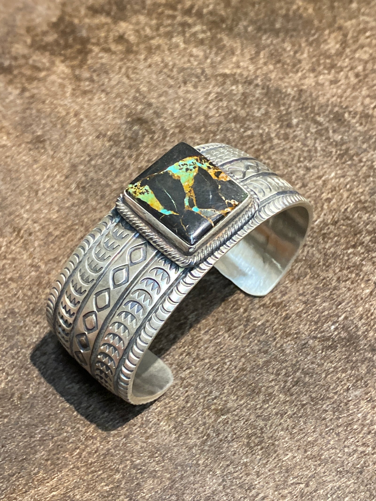 Sterling Turquoise & Dark Stone Stamped Cuff