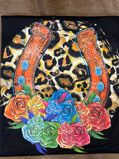 Black Leopard Horseshoe & Flowers Graphic Tee