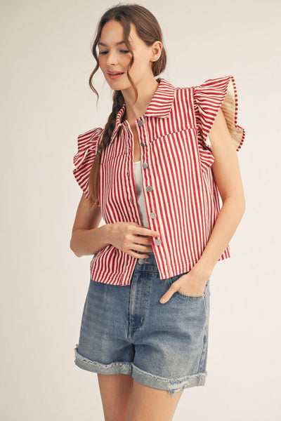 model wearing a red striped button down top with ruffle sleeves