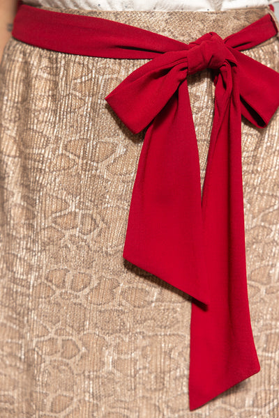 Red Contrast Tie Belt Animal Print Midi Skirt