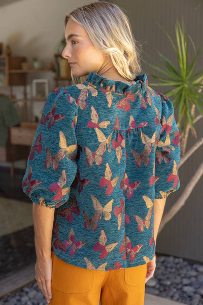 37314 Ruffled V-Neck Butterfly Jacquard Top