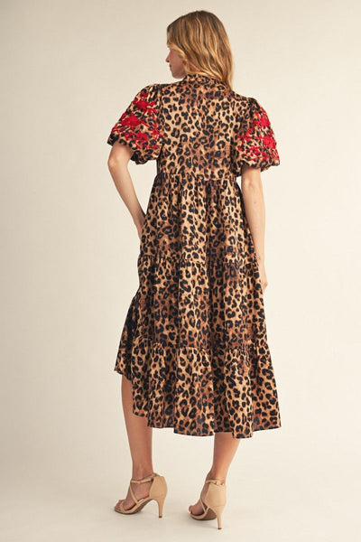 Ellison Leopard V Neck Tiered Dress With Embroidered Sleeves