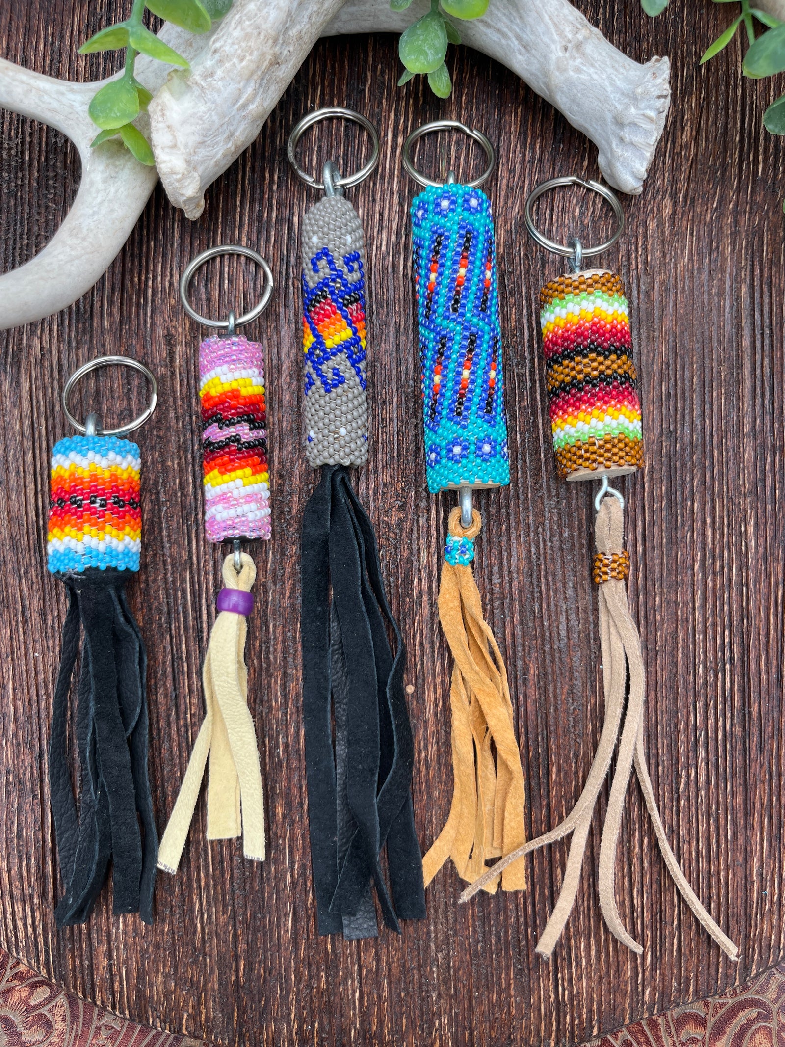 Havasu Beaded Cylinder Keychain With Leather Fringe