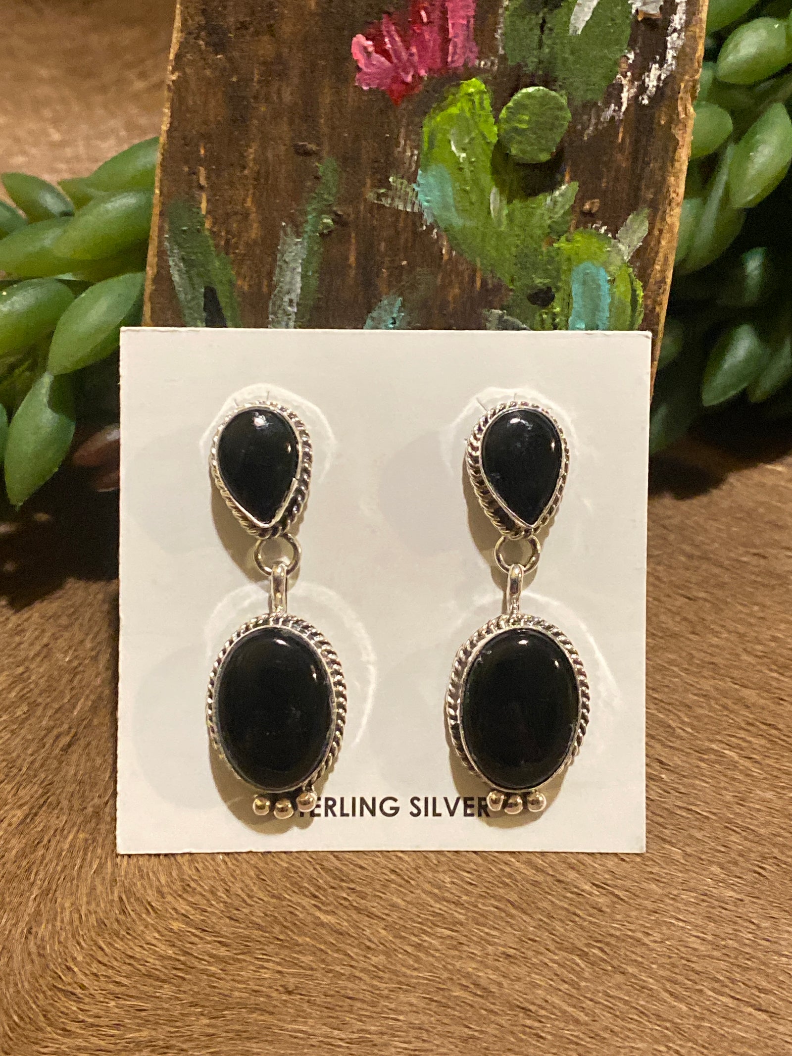 Della Teardrop Oval Onyx Sterling Earrings - 1.8"