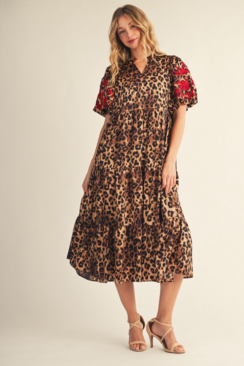 Ellison Leopard V Neck Tiered Dress With Embroidered Sleeves