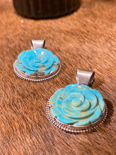 Kangen Carved Rose Turquoise Sterling Pendant
