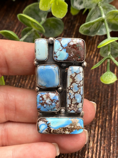 Cobblestone Sterling Rectangle 6 Stone Adjustable Ring - Turquoise