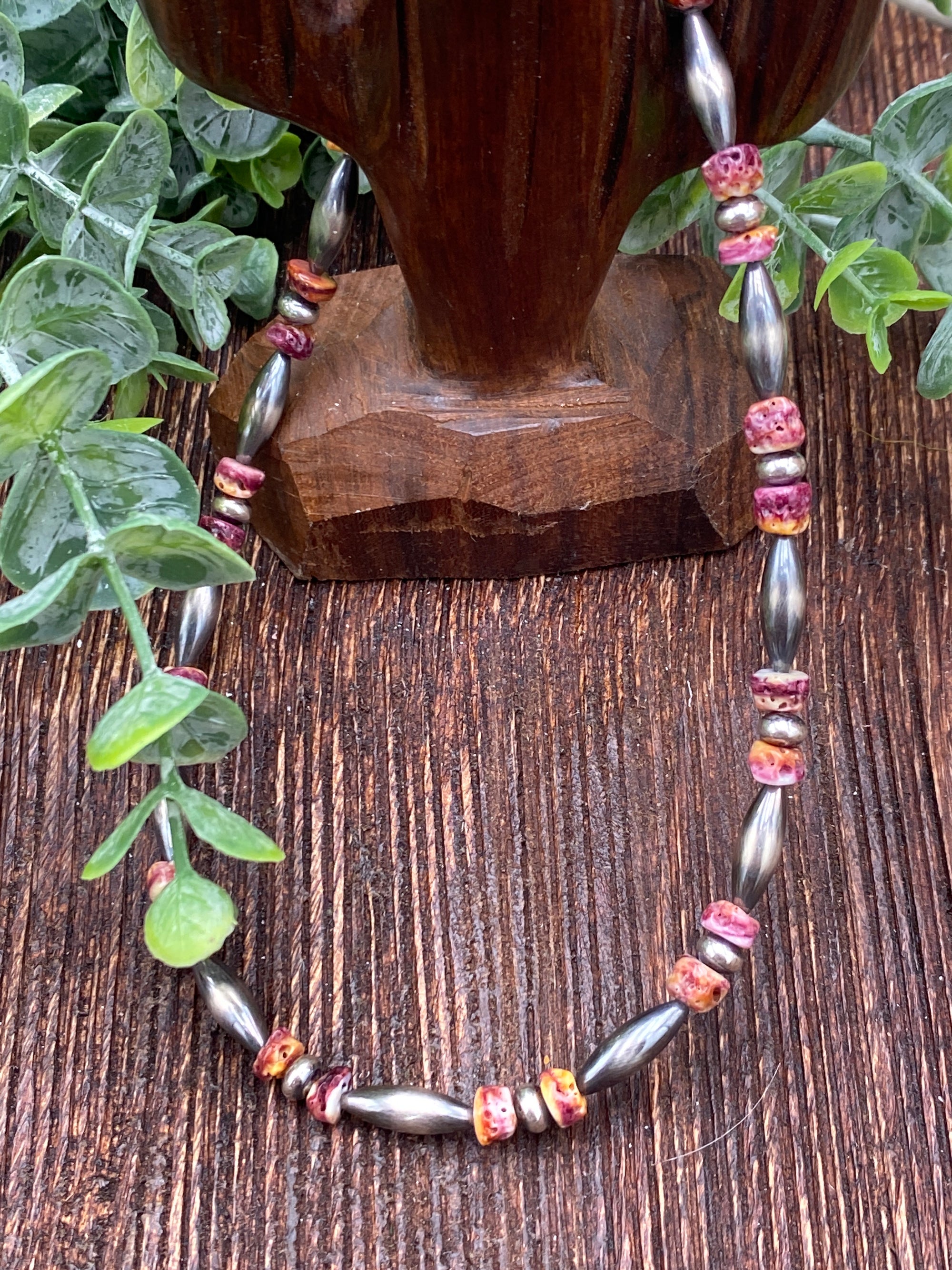 Teeples Sterling Necklace With Tumbled Spiny Oyster & Torpedo Beads - Purple