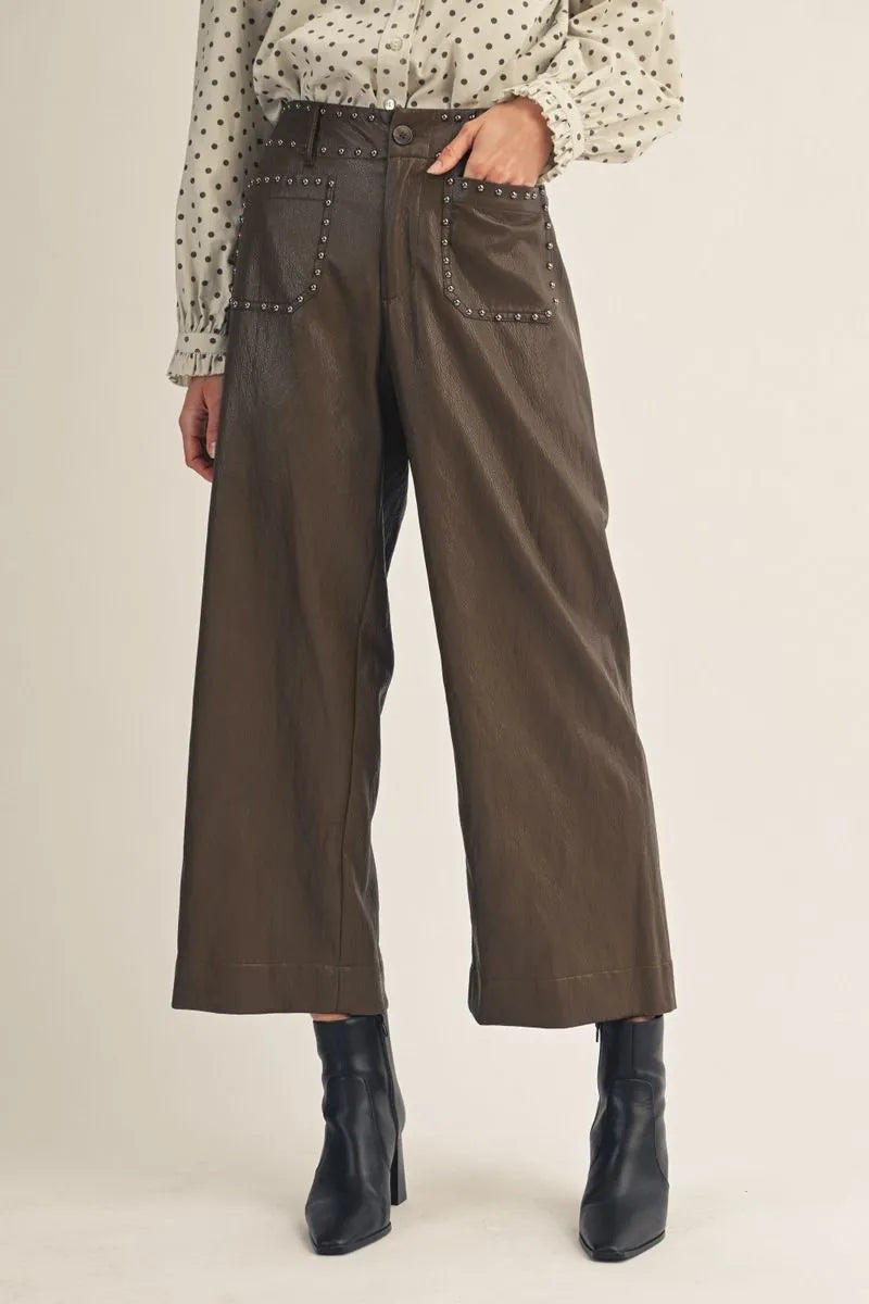 McKee Vegan Leather Wide Leg Pant With Stud Detail - Brown