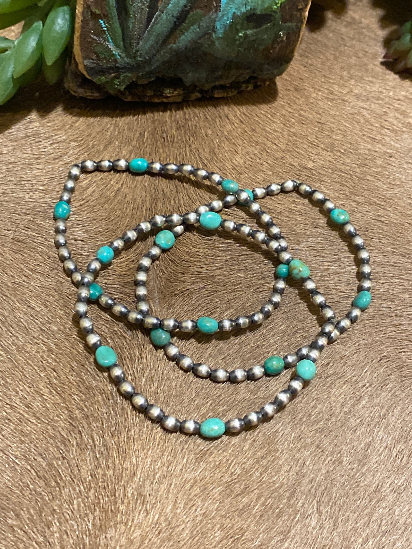 Grecian Sterling Silver Melon Bead and Green Turquoise Stretch Bracelet