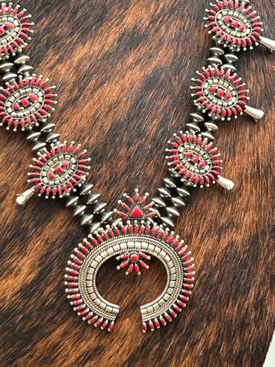 Meldon Sterling Saucer Squash Blossom Necklace - Coral