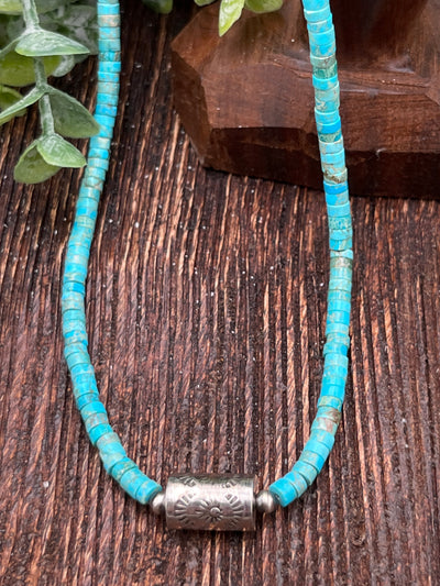 Hansen Turquoise Cylinder Bead Necklace With Sterling Barrel Center - 17"