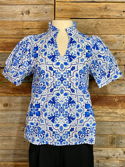 Iva Blue & White Floral V Neck Top