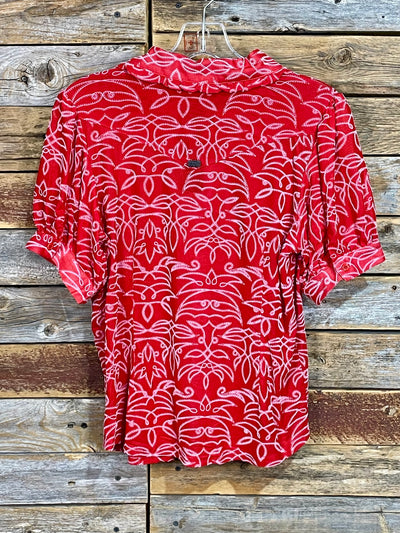 Glendale Red Boot Stitch Ruffle Collar Puff Sleeve Blouse