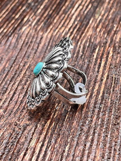 Alexis Fashion Silver Scalloped Concho Ring With Center Turquoise