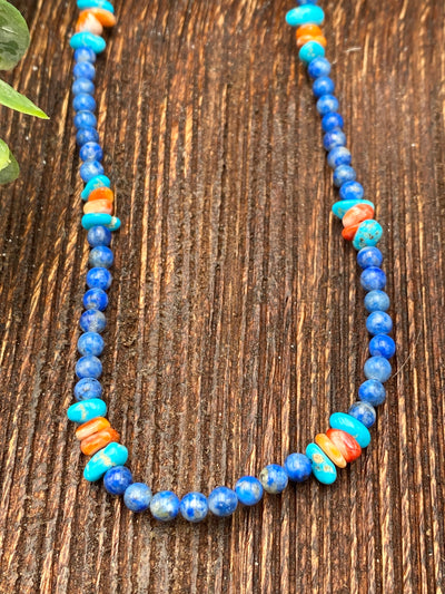 Sweet Home Denim Lapis Necklace With Turquoise & Orange Spiny - 18"