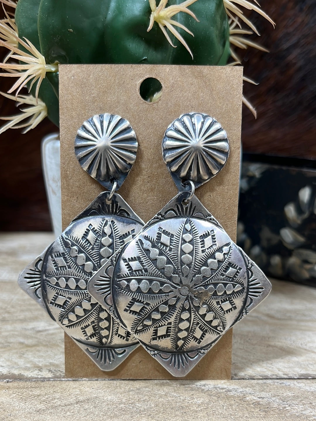 Osceola Round Post Diamond Drop Double Concho Earrings - 3"