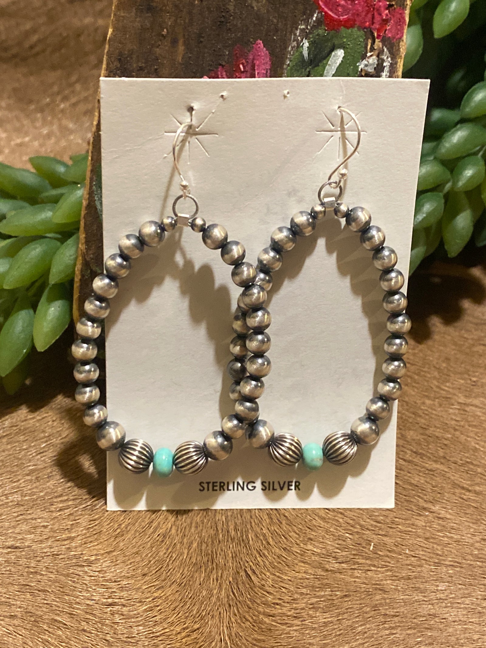 Diamond Hill Sterling Navajo & Turquoise Hoop Earrings With Two Stamped Beads