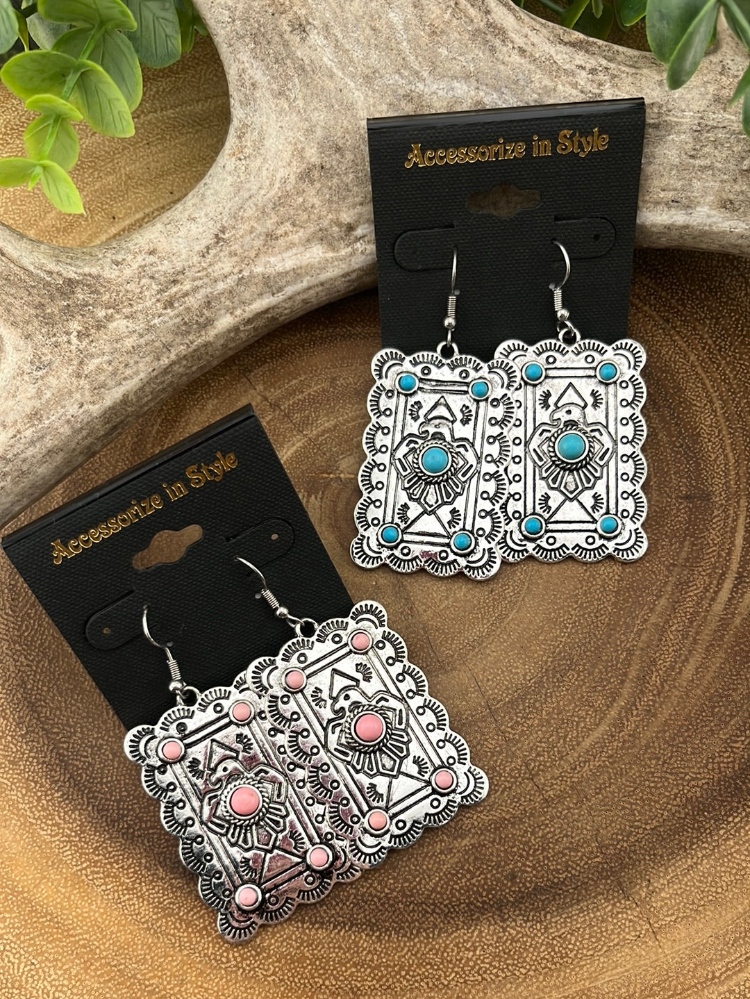 Skimmer Fashion Thunderbird Stamped Rectangle Concho Earrings