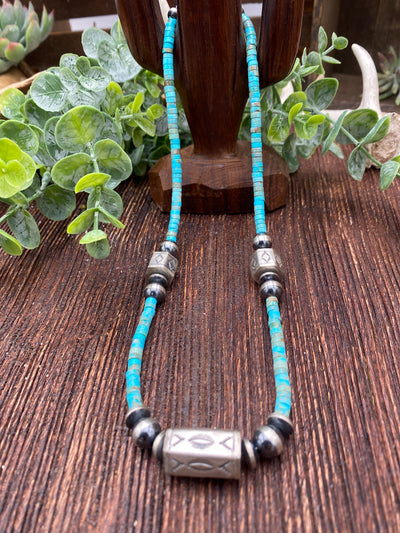 Rory Turquoise Heishi Necklace With Pearls, Saucers & Stamped Hex Beads - 18"