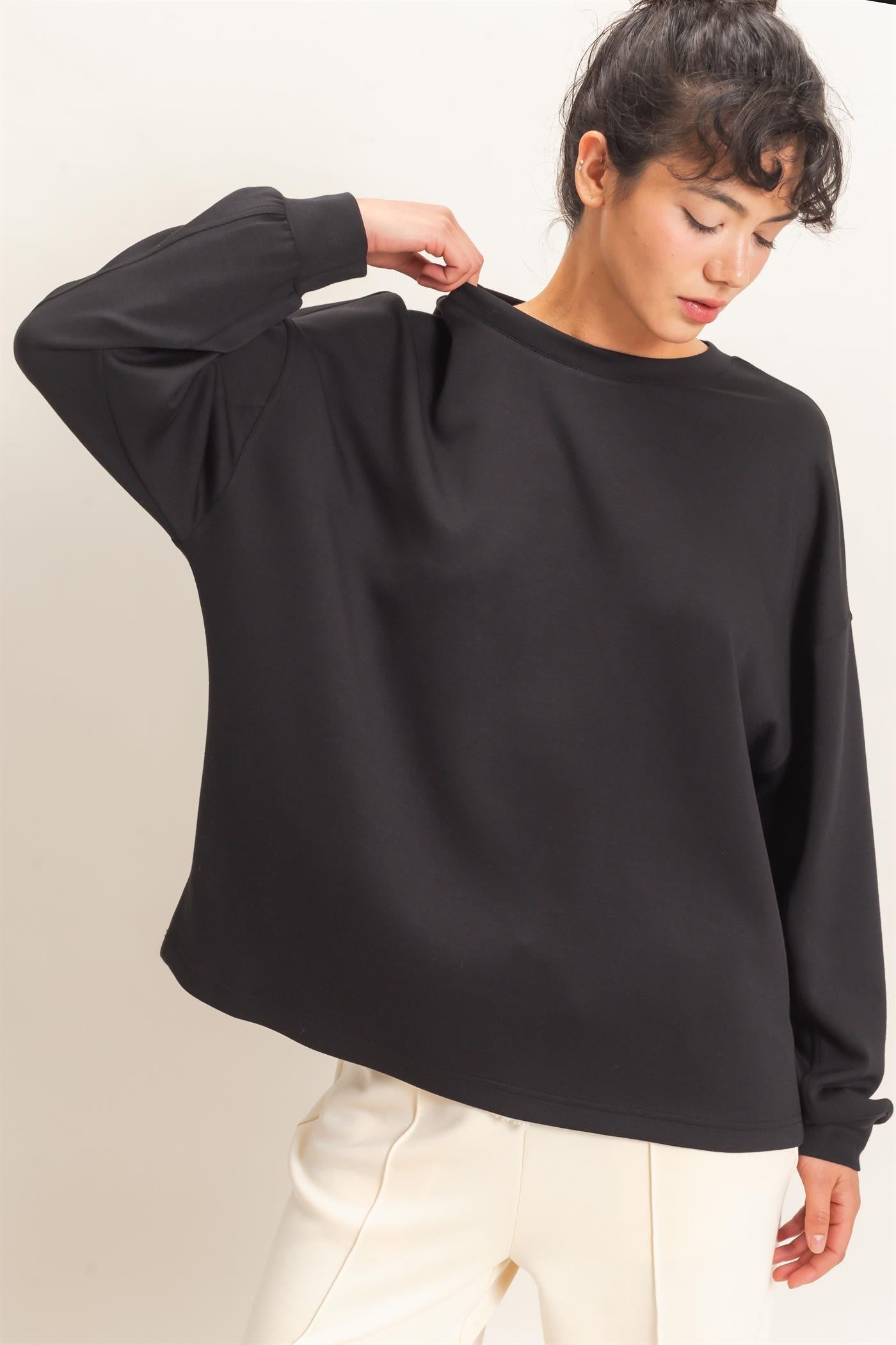 Brooke Side Slit Crew Neck Sweatshirt - Black