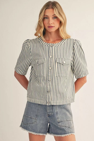 Embroidered Horse Striped Denim Short Sleeve