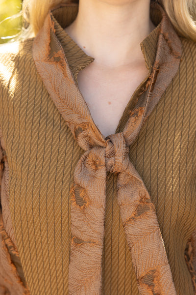 Tie Neck Mixed Textured Bubble Sleeve Top