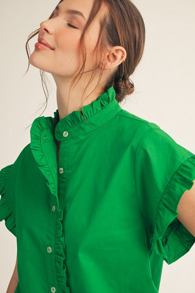 Susana Short Sleeve Ruffle Neck Button Front Top