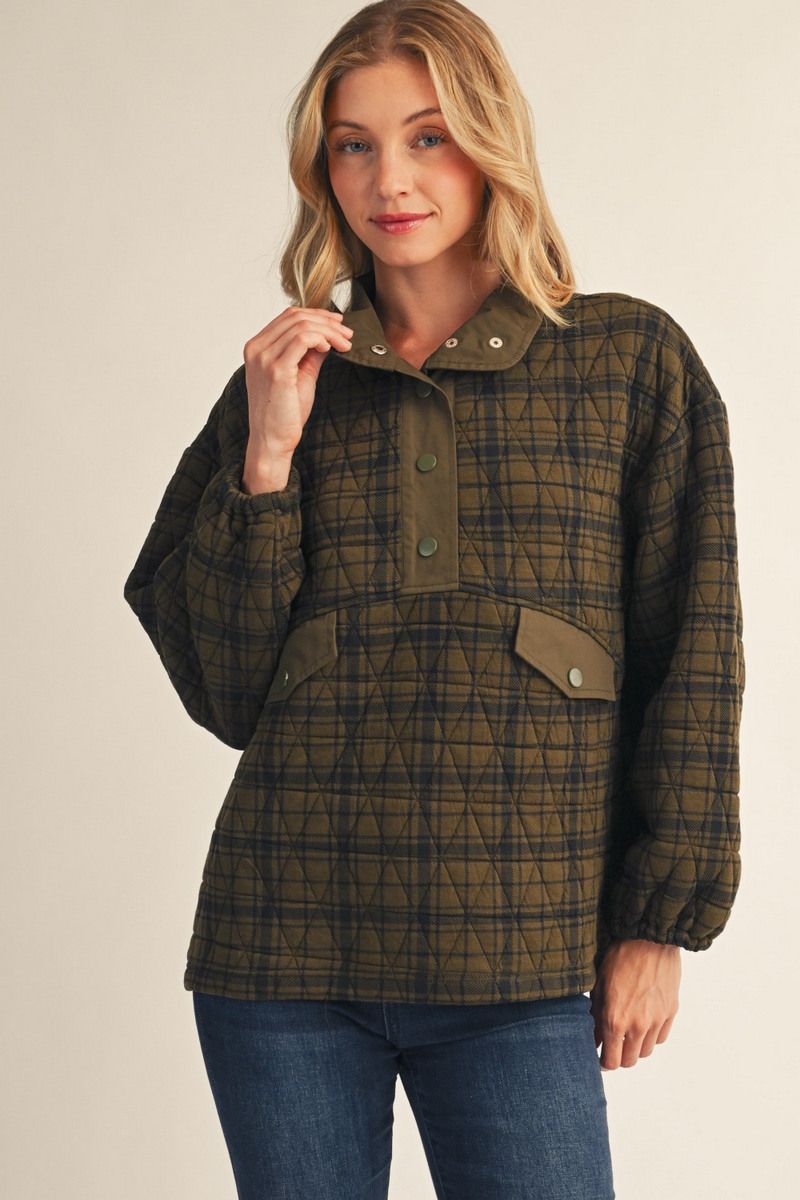 Addyson Quilted Plaid Pullover - Olive
