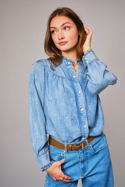 Riley Ruffle Neck Denim Snap Button Shirt