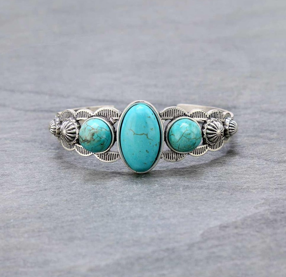 Lyne Fashion Stamped Silver Concho 3 Stone Cuff - Turquoise