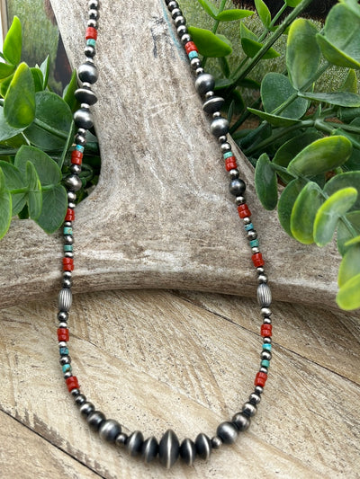 Sullivan Sterling Silver Navajo Pearl, Coral, Turquoise & Saucer Bead Variated Necklace