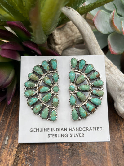 Northumberland Turquoise Zuni 1/2 Moon Cluster Earrings - 1.5"