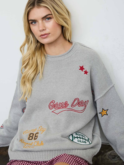 Game Day Embroidered Crew Neck Knit Sweater