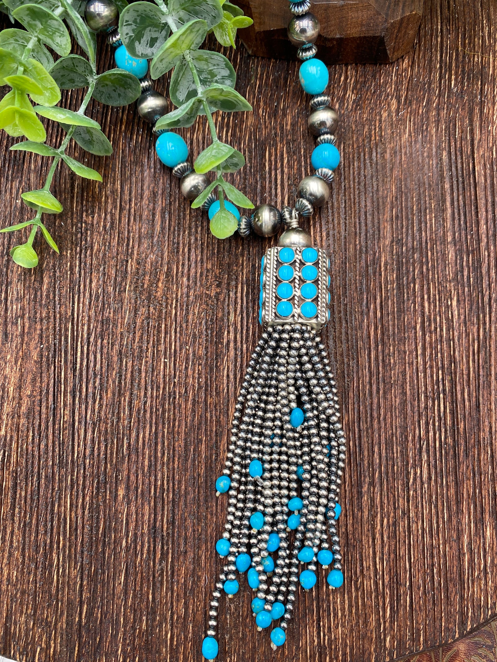 Hepburn Stunning Silver & Turquoise Tassel Necklace - 26"