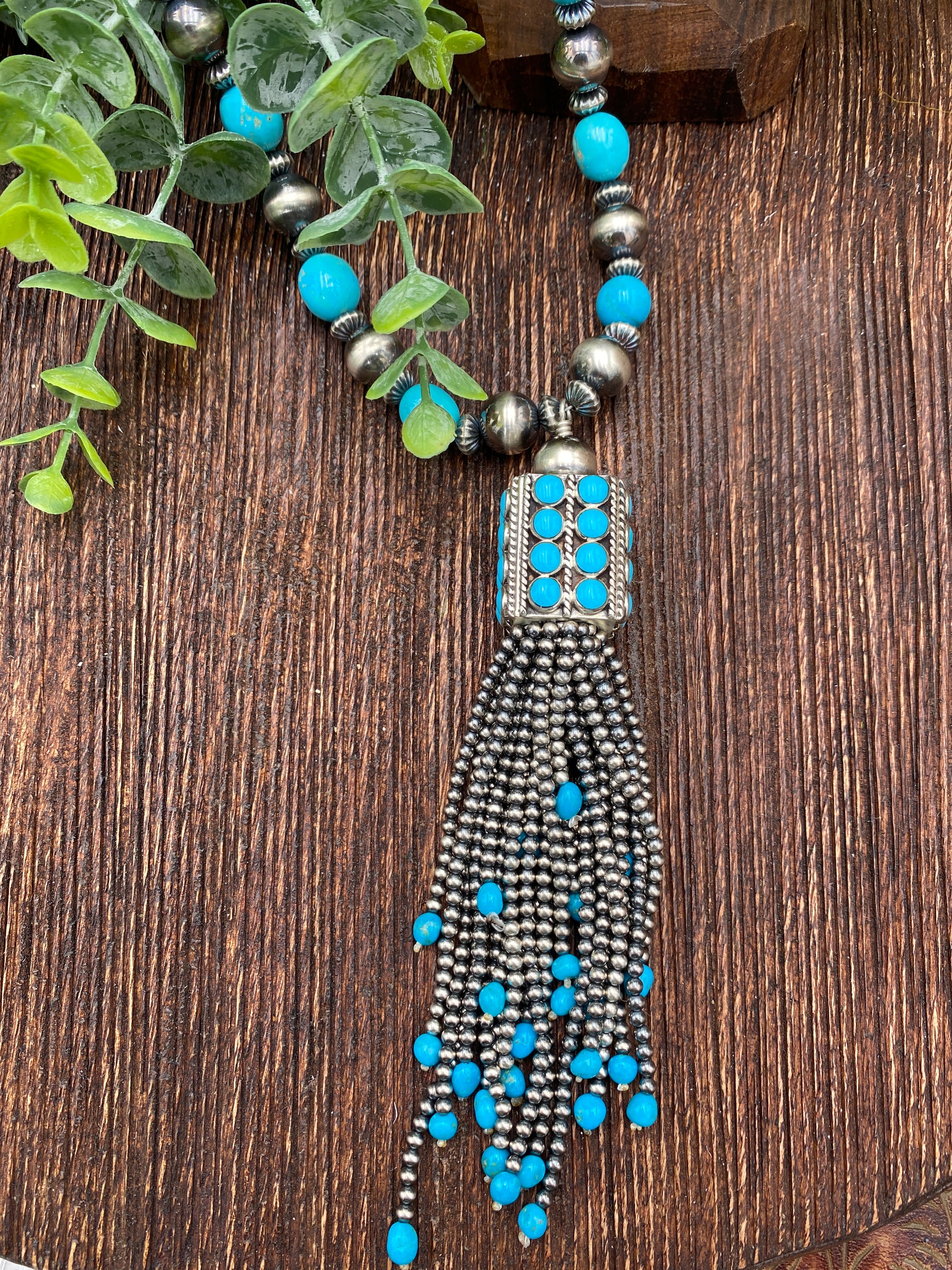 Hepburn Stunning Silver & Turquoise Tassel Necklace - 26"